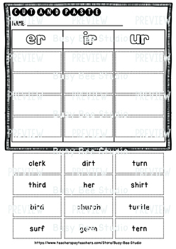 Bossy R Sorts -er, -ur, ir | Cut and Paste Worksheets by Busy Bee Studio
