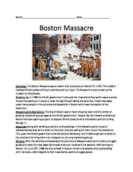 Preview of Boston Massacre - Full History Review Article Questions Vocab Facts Activities