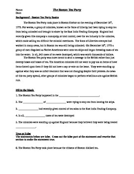 Preview of Boston Tea Party Basics Worksheet