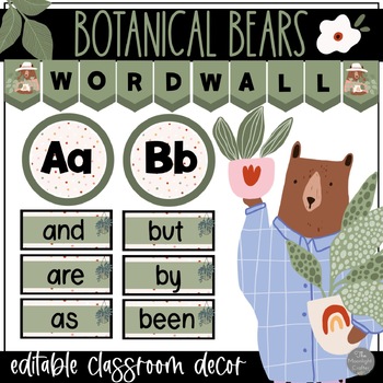 Preview of Botanical Bears EDITABLE Word Wall BUNDLE Word Wall Headers Cards and Banner