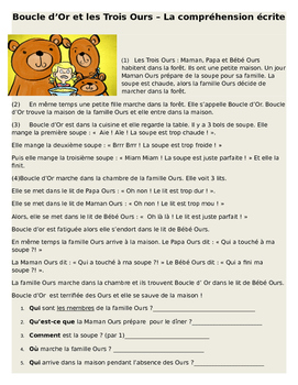 Boucle D Or Et Les Trois Ours Comprehension Ecrite In Basic French