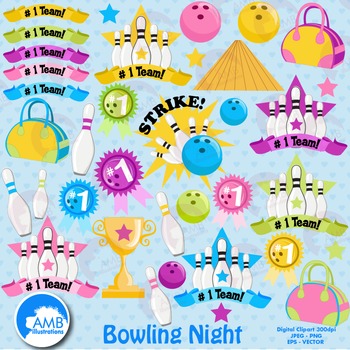Preview of Bowling Clipart  Bowling Ball Night Clipart, Sports Clipart, Clip Art, AMB-935