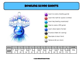 Preview of Bowling Score Sheets - Learn bowling vocab scoring and math keep score