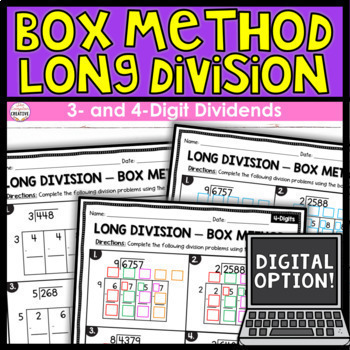 Preview of Box Method Long Division Worksheets - 3 Digit and 4 Digit by 1 Digit Division