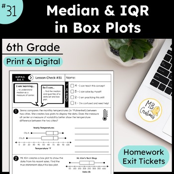 Preview of Box Plots: Median & IQR Worksheets & Exit Tickets - iReady Math 6th Grade L 31