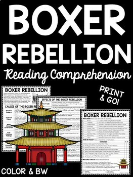 Boxer Rebellion in China Reading Comprehension Worksheet Imperialism