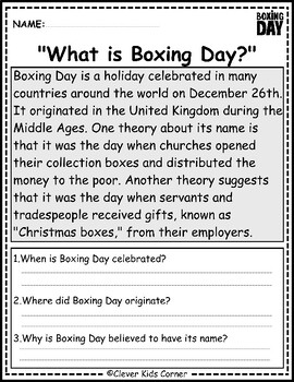 Preview of Boxing Day Bonanza: Reading Comprehensions for K-2 | Celebrate, Learn & Explore!