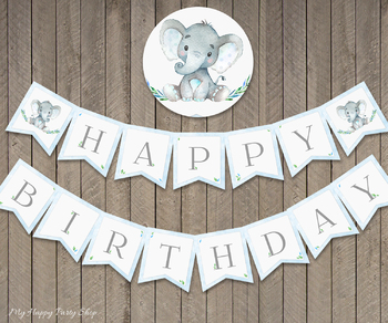 Preview of Boy Birthday Banner, Happy Birthday, Blue Elephant, PRINTABLE
