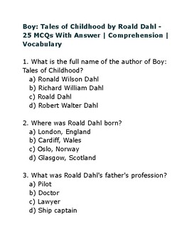 Preview of Boy- Tales of Childhood- 25 MCQs With Answer | Comprehension | Vocablary