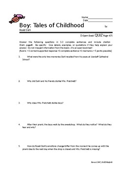 Boy By Roald Dahl Quiz By Hadfield S Math And Ela Emporium Tpt