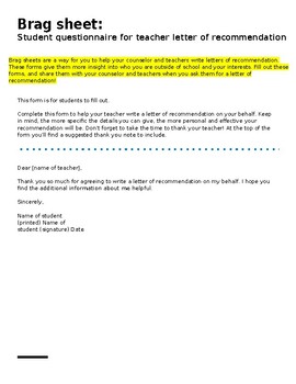 Preview of Brag sheet:Student questionnaire for teacher letter of recommendation(editable)
