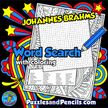 Preview of Brahms Word Search Puzzle Activity Page with Coloring | Famous Music Composers