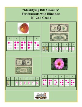Preview of Braille, K - 2 Grades: Identify Money Amounts for Students with Blindness