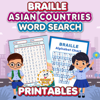 Preview of Braille (Printed, Not Raised ) Asian Countries Word Search Puzzles Activities