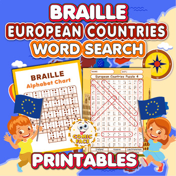 Preview of Braille (Printed, Not Raised ) European Countries Word Search Puzzles Activities