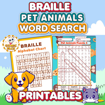 Preview of Braille (Printed, Not Raised ) Pet Animals Word Search Puzzles Activities