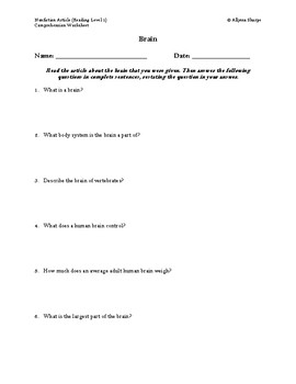 Preview of Brain Article (Reading Level 1) Comprehension Worksheet