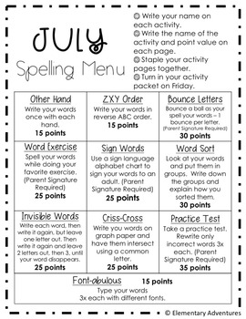 Spelling Homework Menu - Editable Year Packet by Elementary Adventures