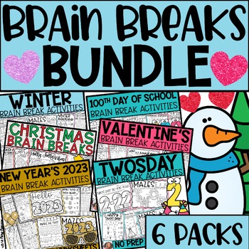 Preview of Winter Brain Break Activities BUNDLE Christmas New Years 100th Day Valentines