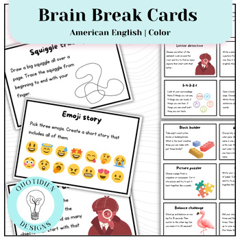 Preview of Brain Break Cards Emotional Regulation Activities | American English | Color