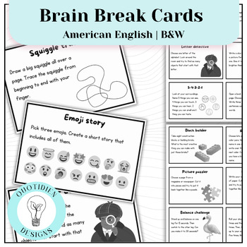 Preview of Brain Break Cards Emotional Regulation Activities | American English | B&W