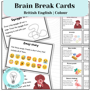 Preview of Brain Break Cards Emotional Regulation Activities | British English | Colour
