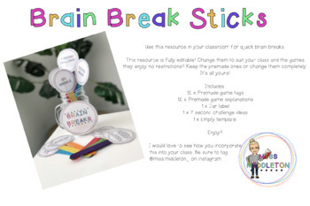 Preview of Brain Break Sticks FULL EDITABLE