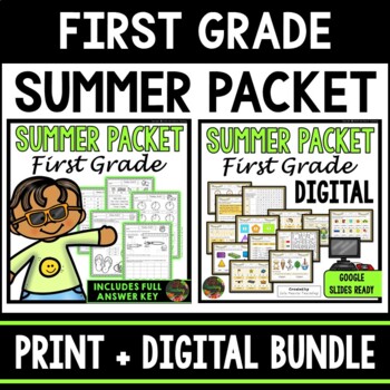 Preview of 1st Grade Summer Break Homework Packet Fun Review Practice Pages Print & Digital