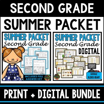 Preview of 2nd Grade Summer Break Homework Packet Review Practice Pages - Print and Digital