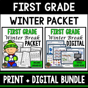 Preview of First Grade Winter Break Homework Packet - Print & Digital - Snow Day Packet