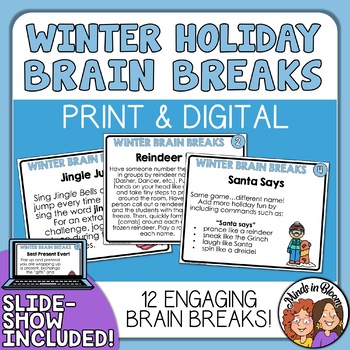 Preview of Brain Breaks for Winter Holidays FREEBIE - 12 Fun Activity Cards about Winter!