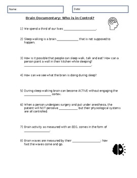 Preview of Brain Documentary: Are you in control? Work packet with answer sheet included!