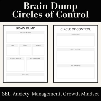 Preview of Brain Dump, Circles of Control, Self Regulation, Growth Mindset, SEL, Anxiety
