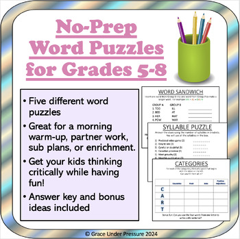 Preview of Summer Logic Puzzles : Literacy Centers, Enrichment Games, or Sub Plans Gr 5-8