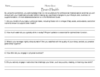 Preview of Brain Health Worksheet For Cognitive Resilience & Performance