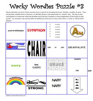 Brain Teaser Wacky Wordies Puzzles Gr 7-12 Printables by Learn With Puzzles