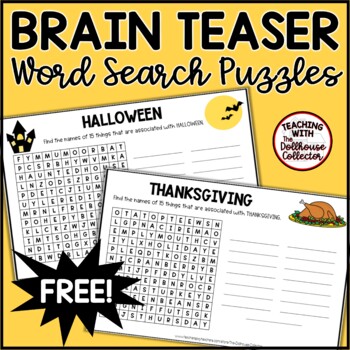 Preview of HALLOWEEN and THANKSGIVING Brain Teasers Word Search Puzzles Without Word Lists
