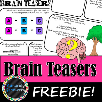 Preview of Brain Teasers FREEBIE; Riddles, Brain Breaks, Logic Puzzles and More!