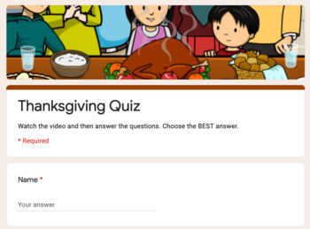 Preview of BrainPOP Jr. Thanksgiving Google Form Quiz 