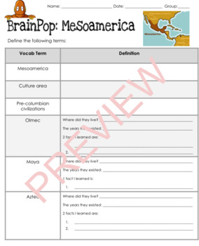 Preview of BrainPop: Mesoamerica Worksheet