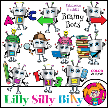 Preview of Brainy Bots. Clipart. BLACK AND WHITE & Color images.