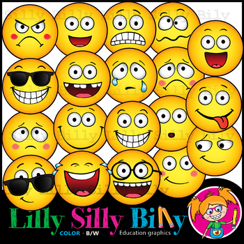 Preview of Emoji Clipart. Brainy Buds. BLACK AND WHITE & Color images . {Lilly Silly Billy}