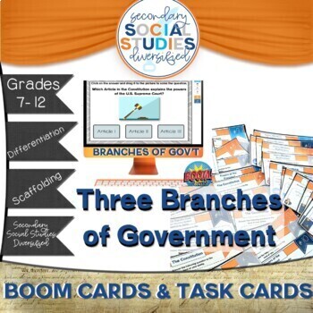 Preview of Branches of Government Bundle Differentiated BOOM Cards, Task Cards, and Notes