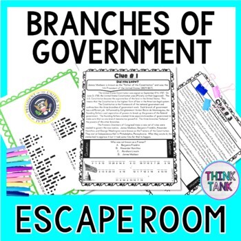 Preview of Branches of Government ESCAPE ROOM! Legislative, Executive, Judicial Branch