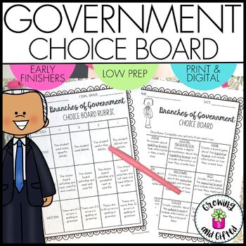 Preview of Branches of Government Menu Choice Board for Enrichment and Early Finishers