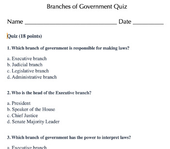 Preview of Branches of Government Quiz (18 m/c questions)
