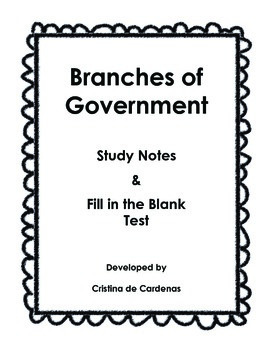 Preview of Branches of Government Study Sheet Notes and Test or Quiz