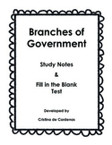 Branches of Government Study Sheet Notes and Test or Quiz