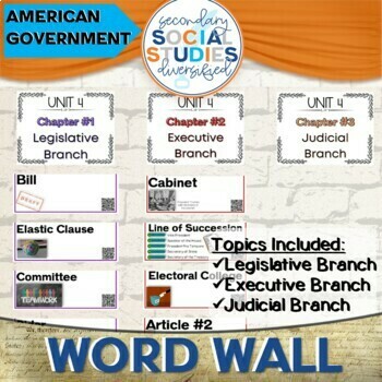 Preview of Branches of Government Word Wall, Vocabulary Activities, and Notes Grades 7-12