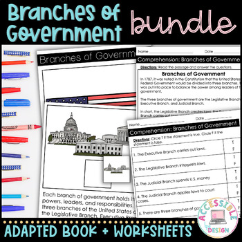 Preview of Branches of Government Worksheets and Adapted Book for Special Education BUNDLE